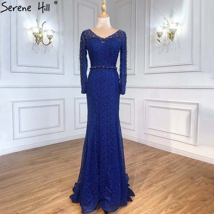 On Sale No Return No Refund Long Sleeve Wine Red Pearls Mermaid Evening Dresses 2025 Fashion Luxury Evening Gown Real Photo Dubai LA6428 - SERENE HILL