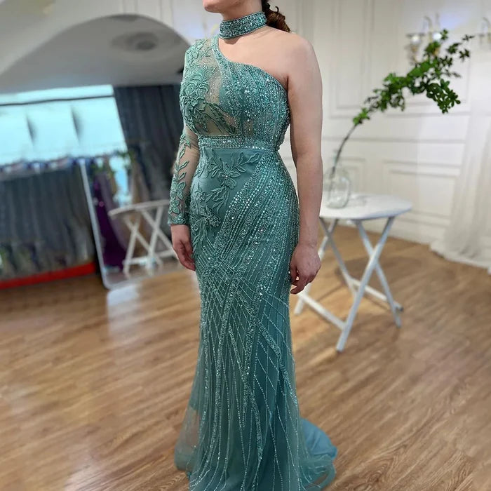 On Sale no return no refund One-Shoulder Beaded Turquoise Mermaid Evening Dress for Women's Wedding Party at Serene Hill LA72067 - SERENE HILL