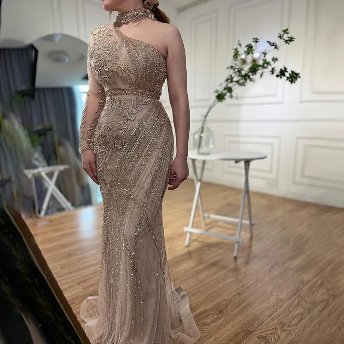On Sale no return no refund One-Shoulder Beaded Turquoise Mermaid Evening Dress for Women's Wedding Party at Serene Hill LA72067 - SERENE HILL