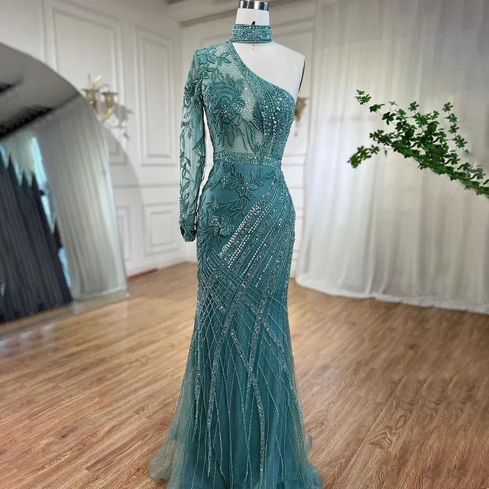 On Sale no return no refund One-Shoulder Beaded Turquoise Mermaid Evening Dress for Women's Wedding Party at Serene Hill LA72067 - SERENE HILL