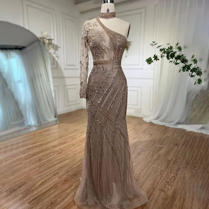 On Sale no return no refund One-Shoulder Beaded Turquoise Mermaid Evening Dress for Women's Wedding Party at Serene Hill LA72067 - SERENE HILL