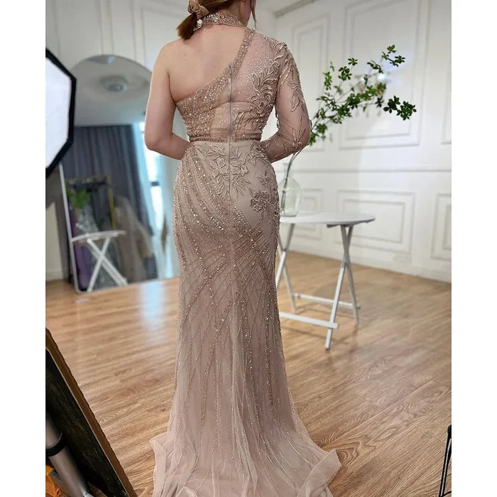 On Sale no return no refund One-Shoulder Beaded Turquoise Mermaid Evening Dress for Women's Wedding Party at Serene Hill LA72067 - SERENE HILL