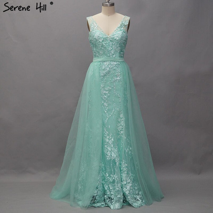 On Sale No Return No Refund Pink V-Neck Sexy Mermaid Dubai Evening Dresses 2025 Sleeveless Handmade Flowers Pearls Evening Gowns LA60737 - SERENE HILL