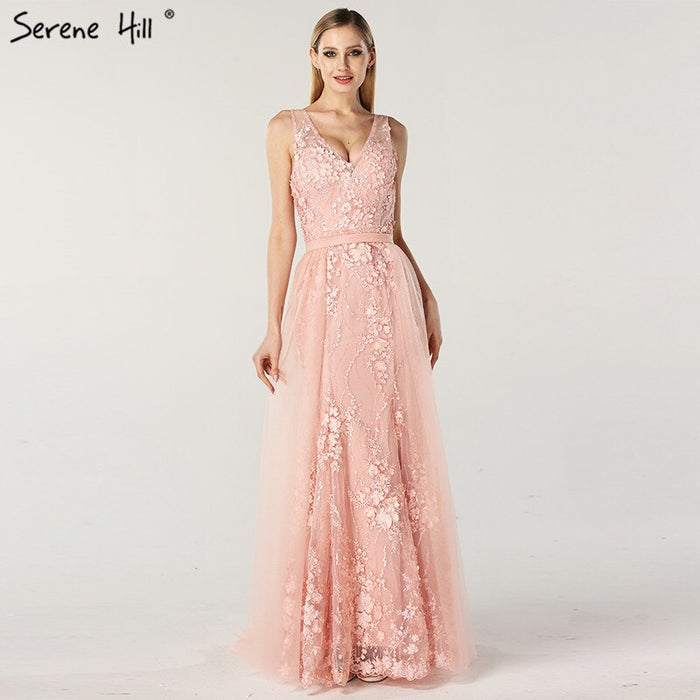 On Sale No Return No Refund Pink V-Neck Sexy Mermaid Dubai Evening Dresses 2025 Sleeveless Handmade Flowers Pearls Evening Gowns LA60737 - SERENE HILL