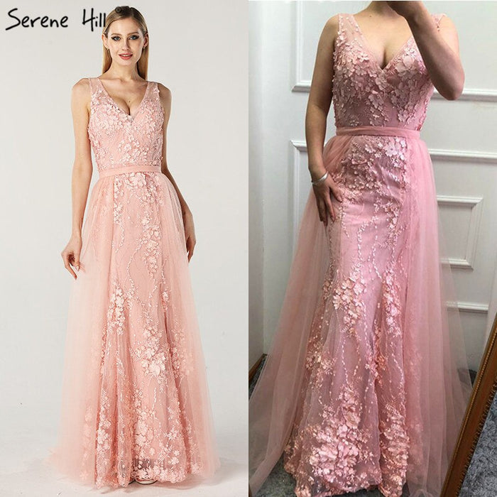 On Sale No Return No Refund Pink V-Neck Sexy Mermaid Dubai Evening Dresses 2025 Sleeveless Handmade Flowers Pearls Evening Gowns LA60737 - SERENE HILL