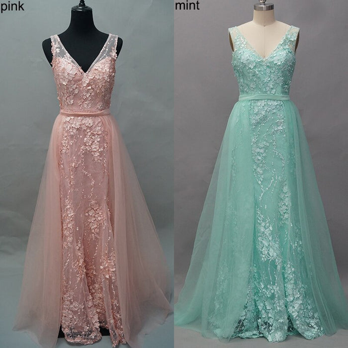 On Sale No Return No Refund Pink V-Neck Sexy Mermaid Dubai Evening Dresses 2025 Sleeveless Handmade Flowers Pearls Evening Gowns LA60737 - SERENE HILL