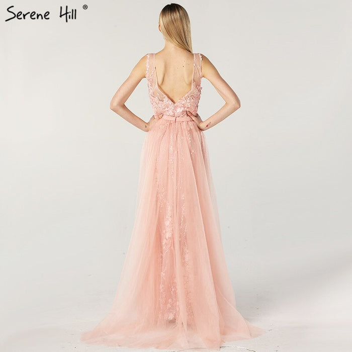 On Sale No Return No Refund Pink V-Neck Sexy Mermaid Dubai Evening Dresses 2025 Sleeveless Handmade Flowers Pearls Evening Gowns LA60737 - SERENE HILL