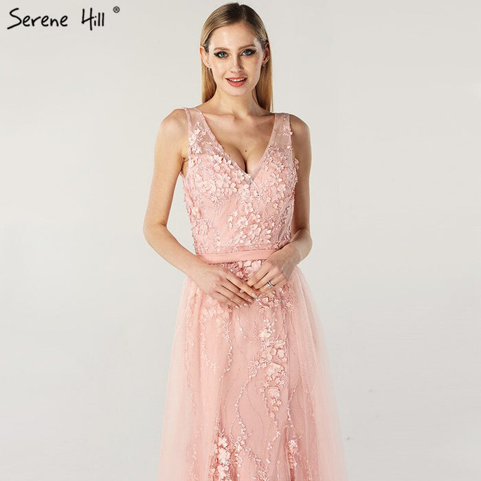 On Sale No Return No Refund Pink V-Neck Sexy Mermaid Dubai Evening Dresses 2025 Sleeveless Handmade Flowers Pearls Evening Gowns LA60737 - SERENE HILL