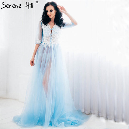 On Sale No Return No Refund Sale Formal dress Long Sleeve See Through Blue Evening Dresses Custom Size Plus Size HA2098 - SERENE HILL