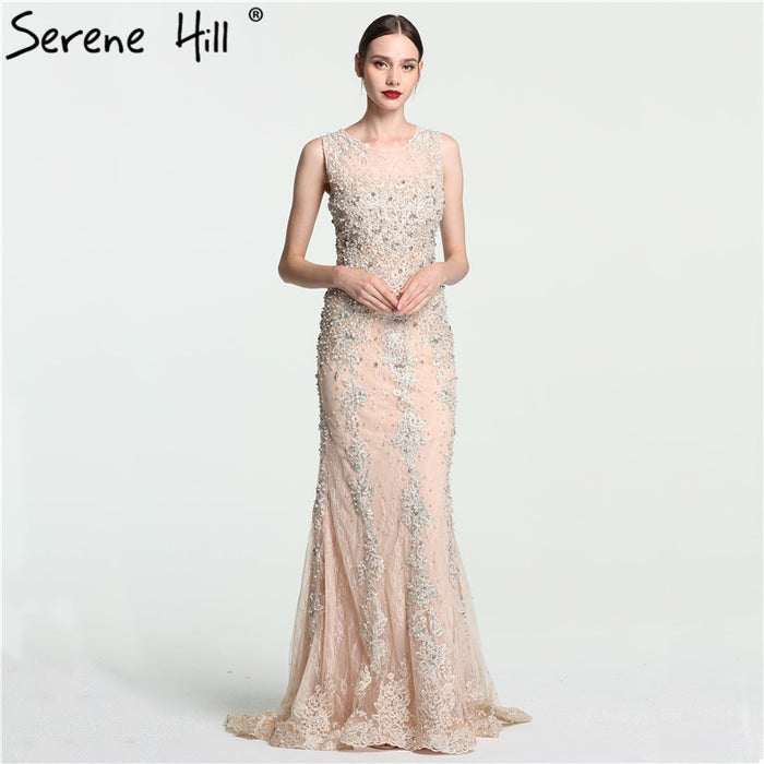 On Sale No Return No Refund Sale Lace Mermaid Evening Gowns Sleeveless Crystal Pearls Tulle Evening Dress Long LA6117 - SERENE HILL