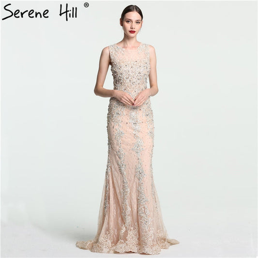 On Sale No Return No Refund Sale Lace Mermaid Evening Gowns Sleeveless Crystal Pearls Tulle Evening Dress Long LA6117 - SERENE HILL