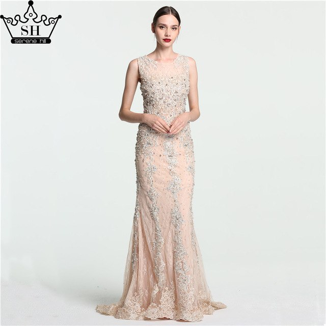 On Sale No Return No Refund Sale Lace Mermaid Evening Gowns Sleeveless Crystal Pearls Tulle Evening Dress Long LA6117 - SERENE HILL