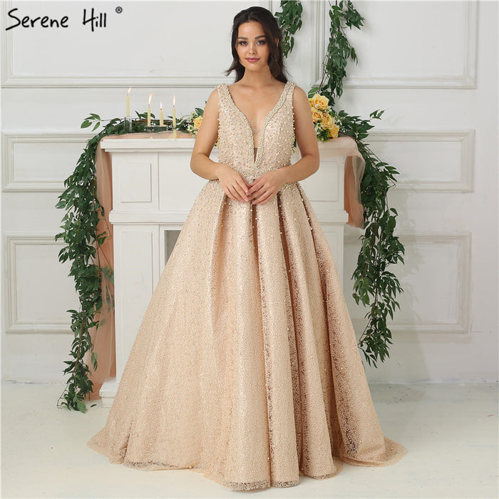 On Sale No Return No Refund Sale Sleeveless Deep-V Sexy Long Evening Dresses Pearls Crystal Evening Gown LA6173 - SERENE HILL