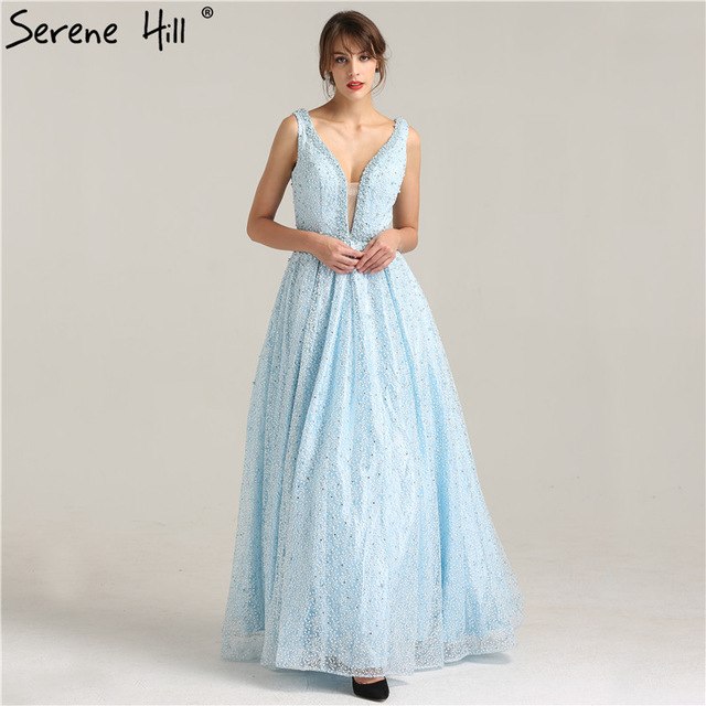 On Sale No Return No Refund Sale Sleeveless Deep-V Sexy Long Evening Dresses Pearls Crystal Evening Gown LA6173 - SERENE HILL