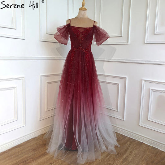 On Sale No Return No Refund Serene Hill Gradual Wine Red A-Line Evening Gowns 2025 Beaded Spaghetti Strap For Women Party LA70776 - SERENE HILL