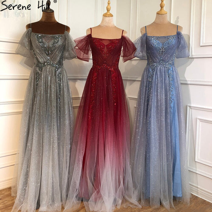 On Sale No Return No Refund Serene Hill Gradual Wine Red A-Line Evening Gowns 2025 Beaded Spaghetti Strap For Women Party LA70776 - SERENE HILL