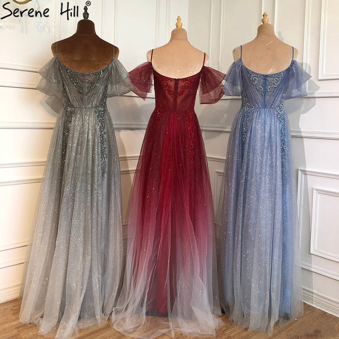 On Sale No Return No Refund Serene Hill Gradual Wine Red A-Line Evening Gowns 2025 Beaded Spaghetti Strap For Women Party LA70776 - SERENE HILL