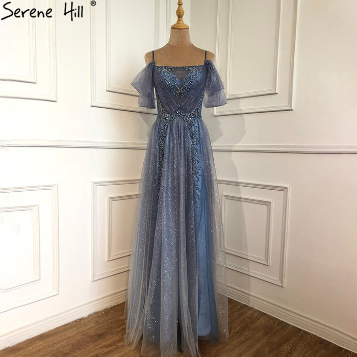 On Sale No Return No Refund Serene Hill Gradual Wine Red A-Line Evening Gowns 2025 Beaded Spaghetti Strap For Women Party LA70776 - SERENE HILL