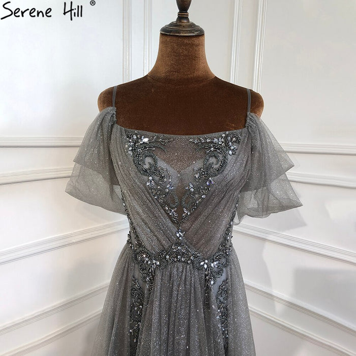 On Sale No Return No Refund Serene Hill Gradual Wine Red A-Line Evening Gowns 2025 Beaded Spaghetti Strap For Women Party LA70776 - SERENE HILL