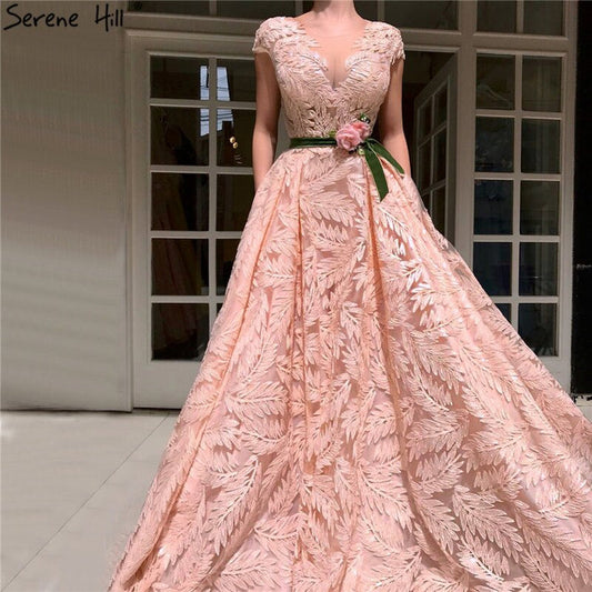 On Sale No Return No Refund Serene Hill Peach Flowers Belt Evening Dresses Gowns 2025 A-Line Cap Sleeves Sexy For Women Party LA60771 - SERENE HILL