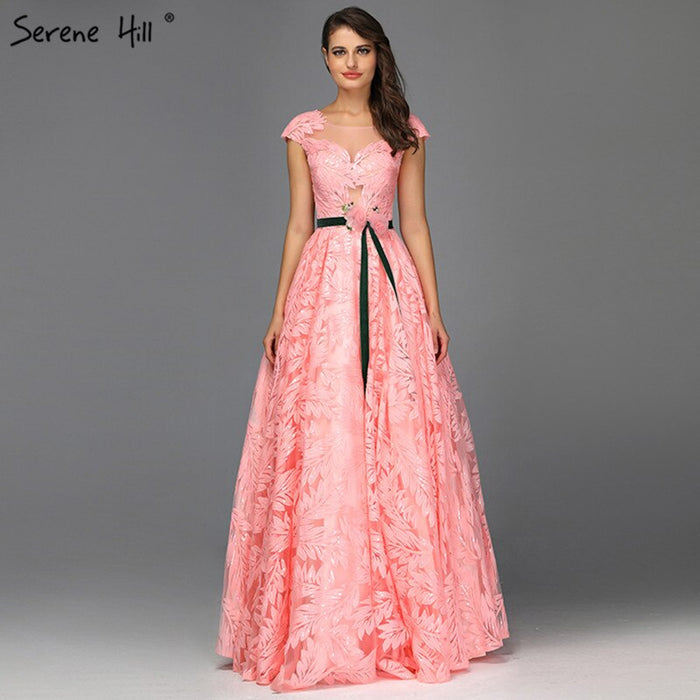 On Sale No Return No Refund Serene Hill Peach Flowers Belt Evening Dresses Gowns 2025 A-Line Cap Sleeves Sexy For Women Party LA60771 - SERENE HILL
