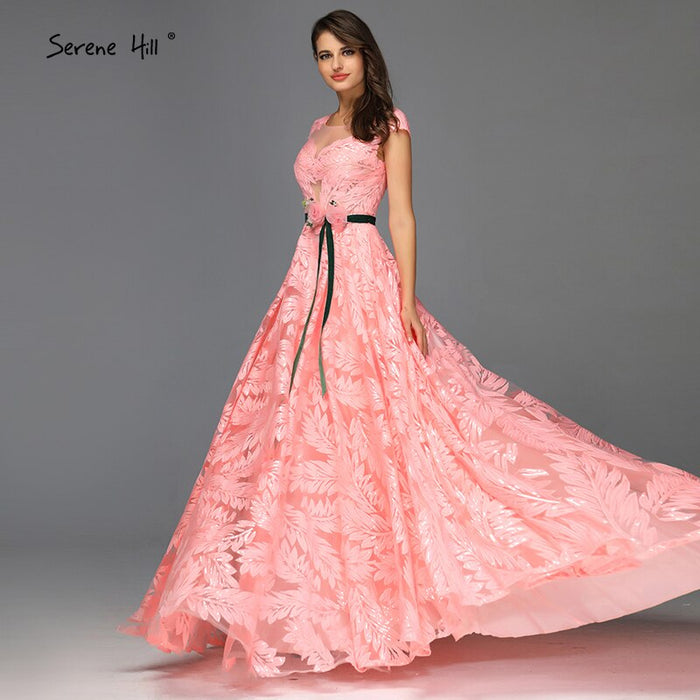 On Sale No Return No Refund Serene Hill Peach Flowers Belt Evening Dresses Gowns 2025 A-Line Cap Sleeves Sexy For Women Party LA60771 - SERENE HILL