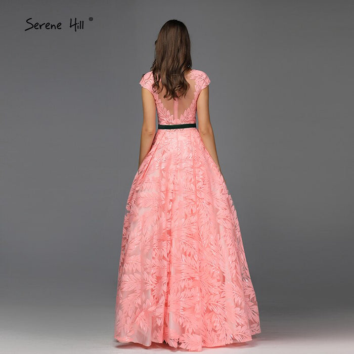 On Sale No Return No Refund Serene Hill Peach Flowers Belt Evening Dresses Gowns 2025 A-Line Cap Sleeves Sexy For Women Party LA60771 - SERENE HILL