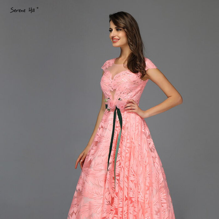 On Sale No Return No Refund Serene Hill Peach Flowers Belt Evening Dresses Gowns 2025 A-Line Cap Sleeves Sexy For Women Party LA60771 - SERENE HILL