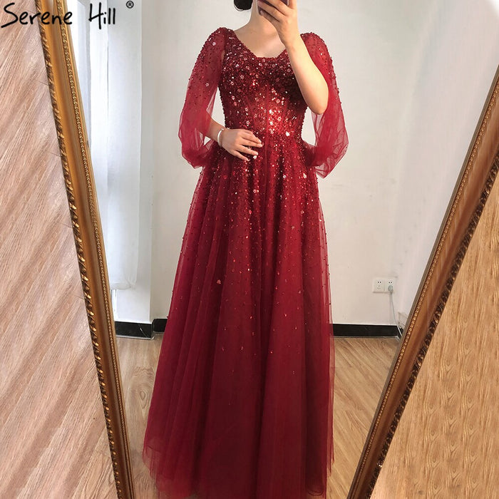 On Sale No Return No Refund Serene Hill Wine Red Luxury Evening Dresses Gowns 2025 A-Line Beaded Sexy For Women Party Dress LA70855 - SERENE HILL