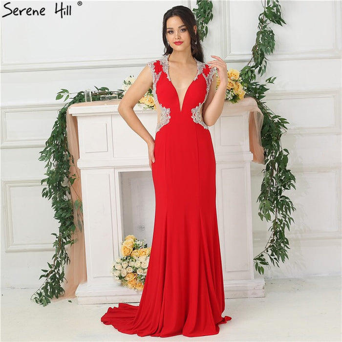 On Sale no return no refundSale 2025 Red Deep V-Neck Sexy Evening Dresses Beading Sleeveless Bride Toasting Evening Gowns Serene Hill LA6680 - SERENE HILL