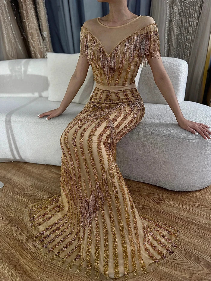 On Sale no return no refundSale Gold Luxury Sleeveless Mermaid Evening Dresses Elegant Sparkle Evening Gowns LA6543 - SERENE HILL