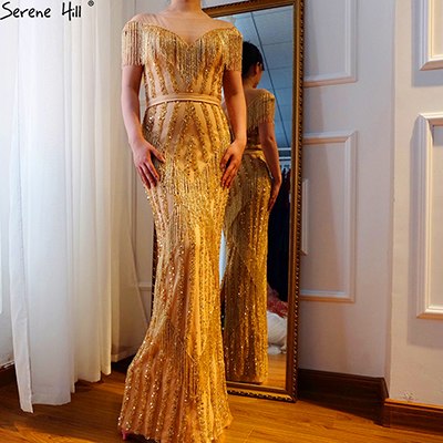 On Sale no return no refundSale Gold Luxury Sleeveless Mermaid Evening Dresses Elegant Sparkle Evening Gowns LA6543 - SERENE HILL