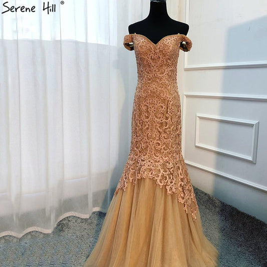 On Sale no return no refundSale Gold Mermaid Off Shoulder Beading Sleeveless Long Evening Party LA6621 - SERENE HILL