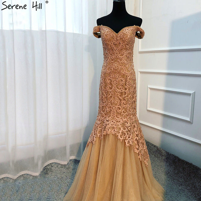 On Sale no return no refundSale Gold Mermaid Off Shoulder Beading Sleeveless Long Evening Party LA6621 - SERENE HILL