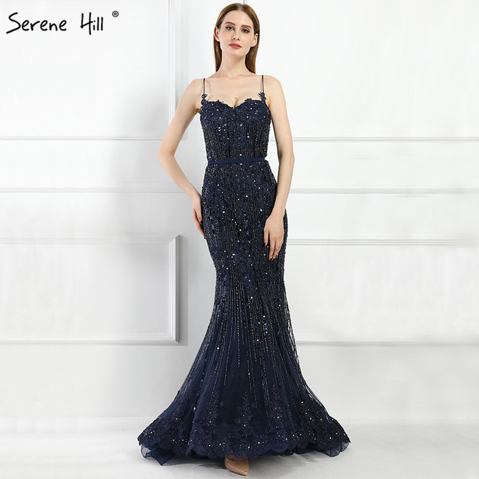 On Sale no return no refundSale Navy Blue Luxury Mermaid Lace Elegant Evening Dresses Spaghetti Strap Beaded 2025 For Women Party LA6105 - SERENE HILL