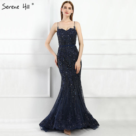 On Sale no return no refundSale Navy Blue Luxury Mermaid Lace Elegant Evening Dresses Spaghetti Strap Beaded 2025 For Women Party LA6105 - SERENE HILL
