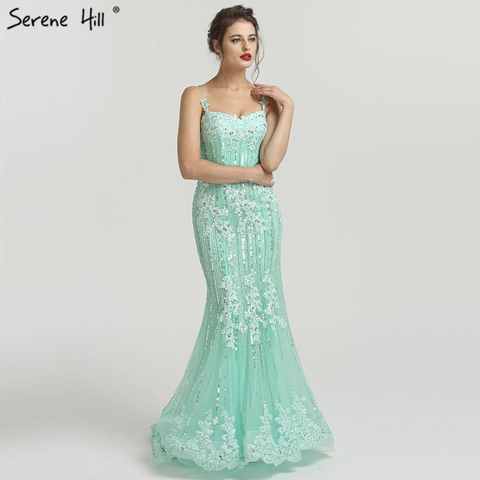 On Sale no return no refundSale Navy Blue Luxury Mermaid Lace Elegant Evening Dresses Spaghetti Strap Beaded 2025 For Women Party LA6105 - SERENE HILL
