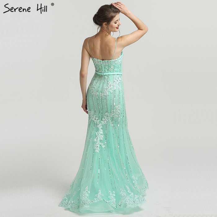 On Sale no return no refundSale Navy Blue Luxury Mermaid Lace Elegant Evening Dresses Spaghetti Strap Beaded 2025 For Women Party LA6105 - SERENE HILL