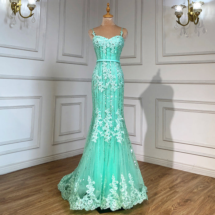 On Sale no return no refundSale Navy Blue Luxury Mermaid Lace Elegant Evening Dresses Spaghetti Strap Beaded 2025 For Women Party LA6105 - SERENE HILL
