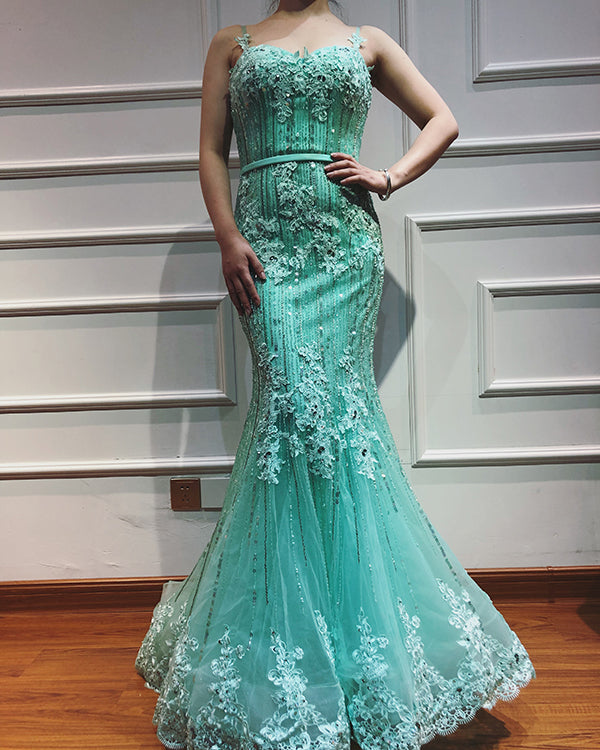 On Sale no return no refundSale Navy Blue Luxury Mermaid Lace Elegant Evening Dresses Spaghetti Strap Beaded 2025 For Women Party LA6105 - SERENE HILL