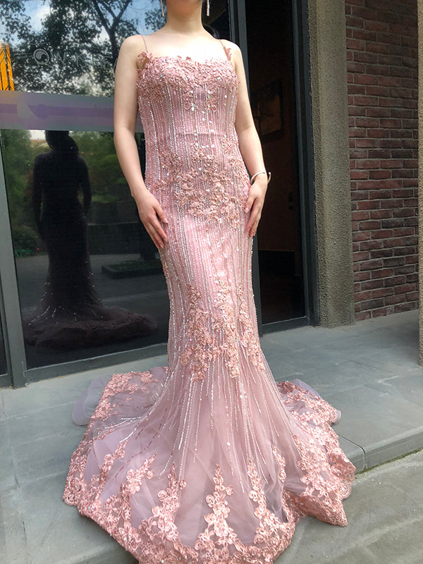 On Sale no return no refundSale Navy Blue Luxury Mermaid Lace Elegant Evening Dresses Spaghetti Strap Beaded 2025 For Women Party LA6105 - SERENE HILL
