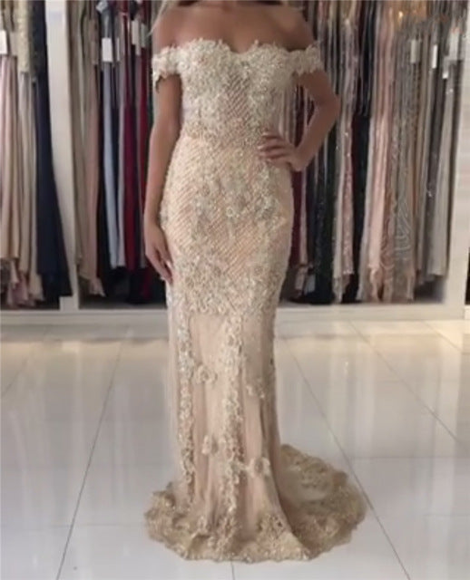 On Sale no return no refundSale Pink Mermaid Boat Neck Evening Dresses Lace Pears Diamond LA6560 - SERENE HILL