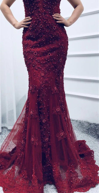 On Sale no return no refundSale Pink Mermaid Boat Neck Evening Dresses Lace Pears Diamond LA6560 - SERENE HILL