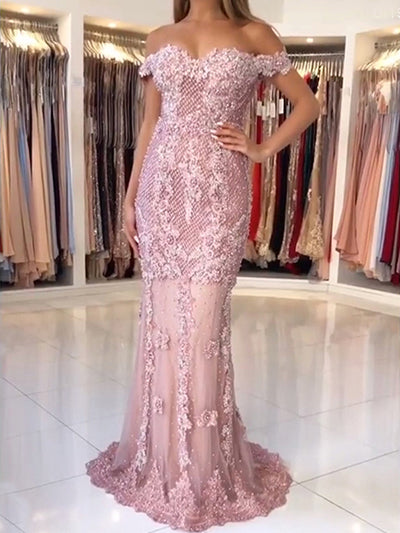 On Sale no return no refundSale Pink Mermaid Boat Neck Evening Dresses Lace Pears Diamond LA6560 - SERENE HILL