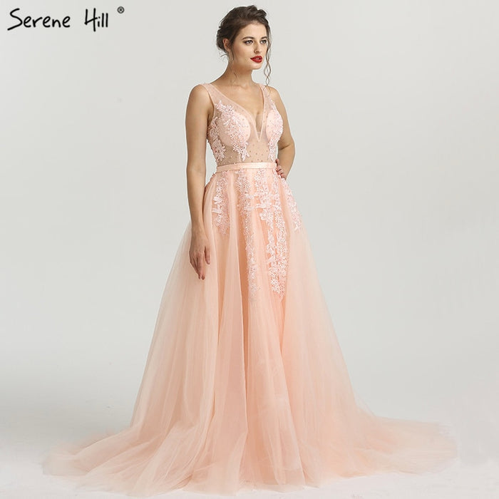 On Sale no return no refundSale Pink Perspective Deep-V Backless Appliques Pearl Sleeveless Photography Evening Gowns HA2160 - SERENE HILL