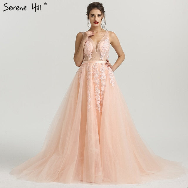 On Sale no return no refundSale Pink Perspective Deep-V Backless Appliques Pearl Sleeveless Photography Evening Gowns HA2160 - SERENE HILL