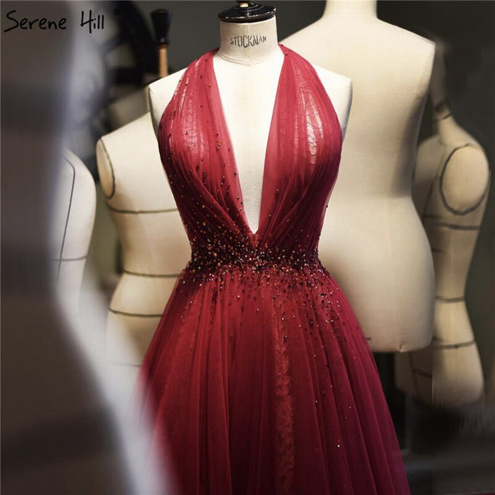On Sale no return no refundSale Red Halter Sexy Sleeveless Evening Dresses 2025 Crystal A-Line Tulle Formal Dress Design Serene Hill LA70348 - SERENE HILL