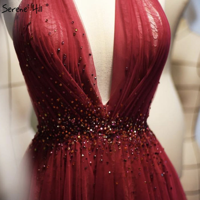 On Sale no return no refundSale Red Halter Sexy Sleeveless Evening Dresses 2025 Crystal A-Line Tulle Formal Dress Design Serene Hill LA70348 - SERENE HILL