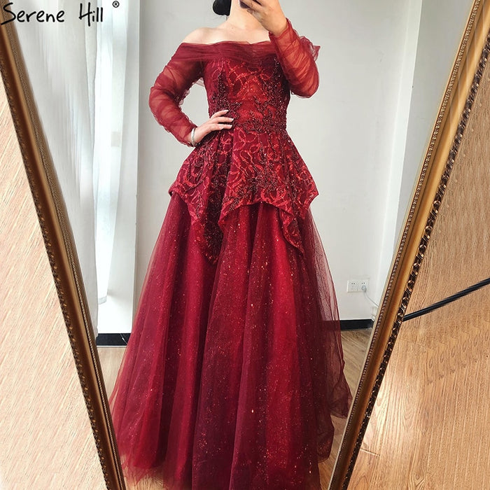 On Sale no return no refundSale Serene Hill Wine Red A-Line Evening Dresses 2025 Dubai Beading Long Sleeves Formal Dress Design LA70692 - SERENE HILL