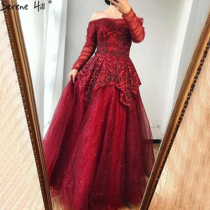 On Sale no return no refundSale Serene Hill Wine Red A-Line Evening Dresses 2025 Dubai Beading Long Sleeves Formal Dress Design LA70692 - SERENE HILL